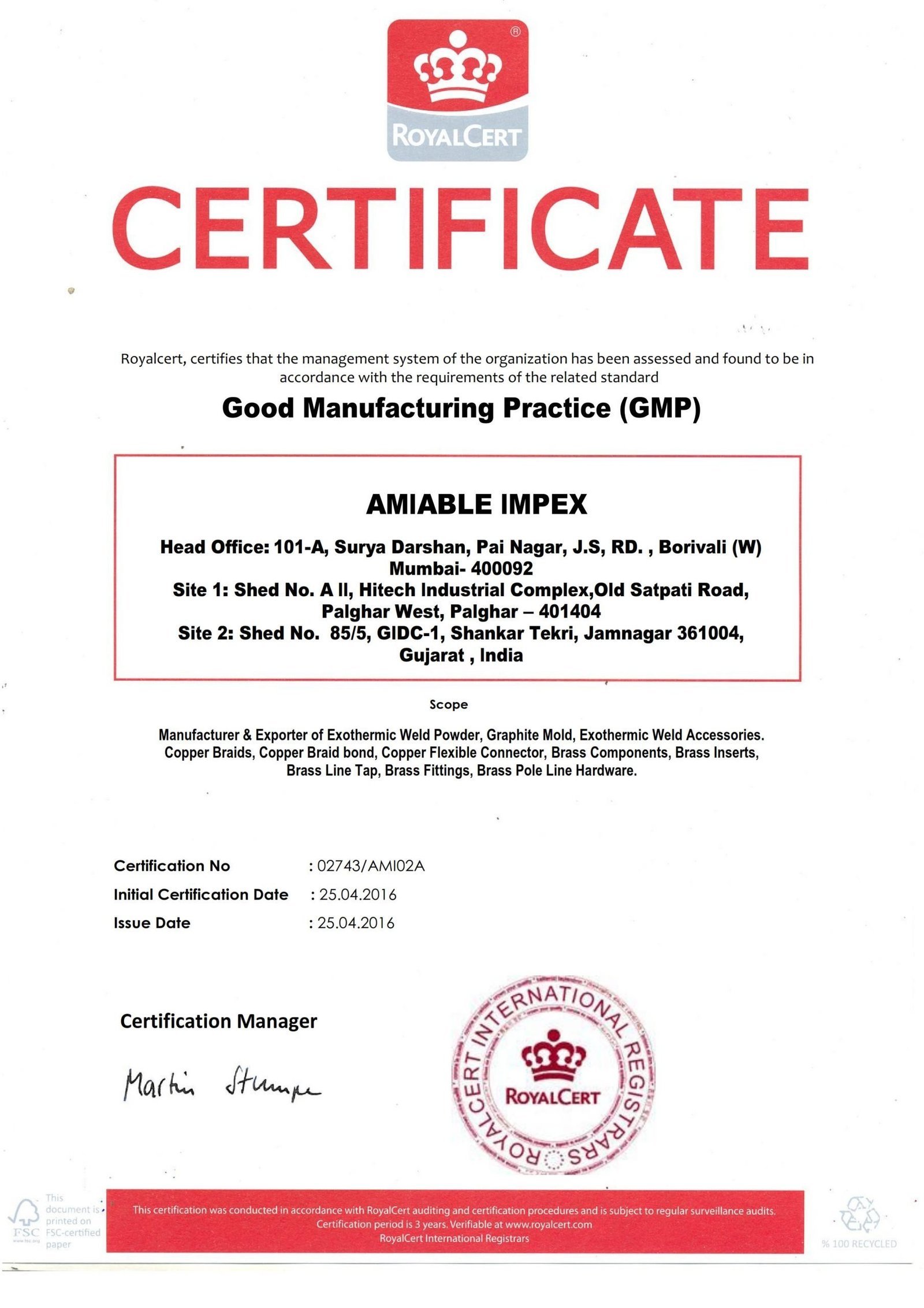Exothermic Welding Certificates GMP Amiable scaled 2 - Certificate