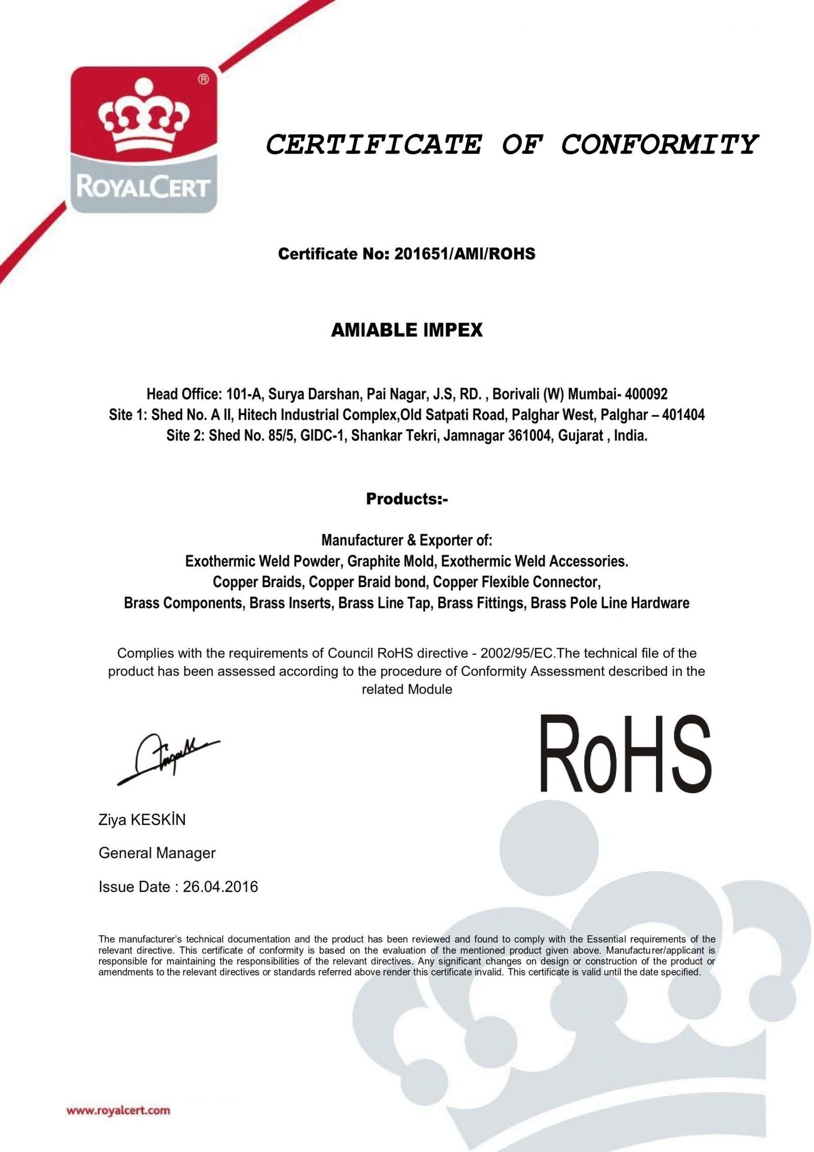 Exothermic Welding Certificates ROHS scaled 1 - Certificate